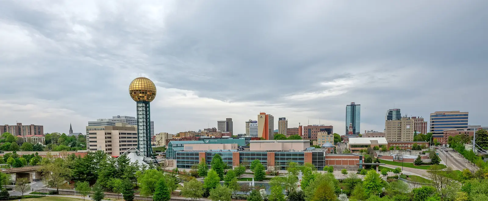 Downtown Knoxville skyline with the Sunsphere under an overcast spring sky