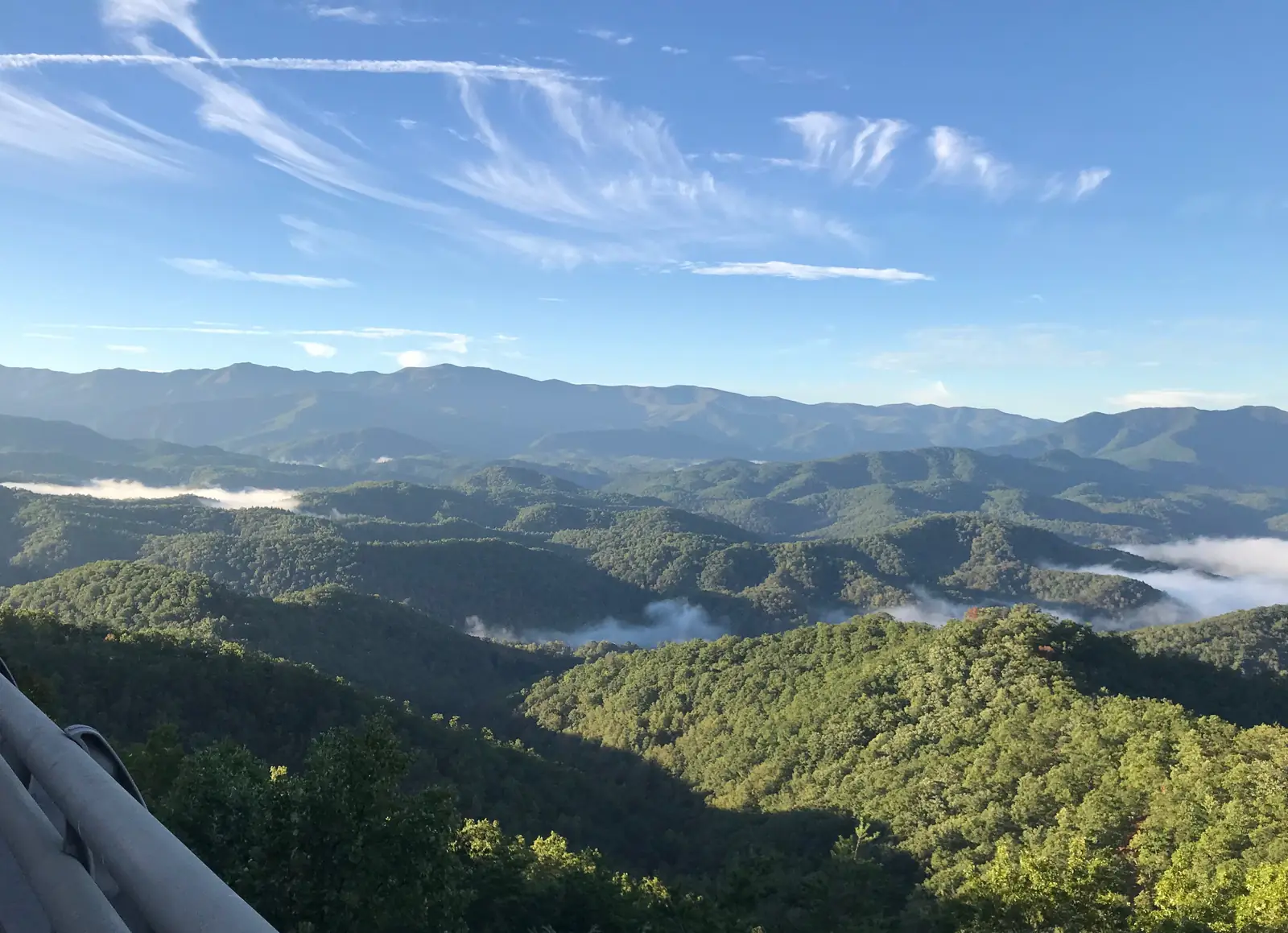 Layered Smoky Mountain ridges with fog in the valleys, seen from the Foothills Parkway in October