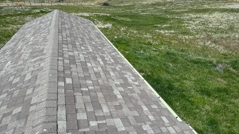 Long ridge of a tan and gray shingle roof beside an open green field.