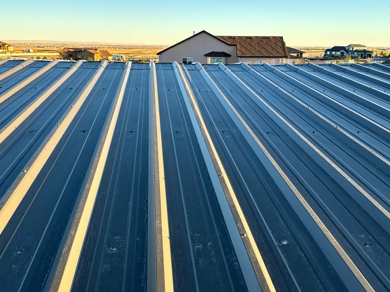 Blue ribbed metal roof panels glowing in low golden light under a clear evening sky.