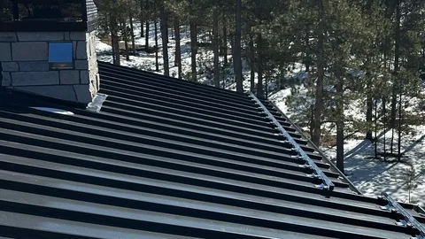 Dark standing-seam metal roof with snow guard rails beside a stone chimney among snowy pines.